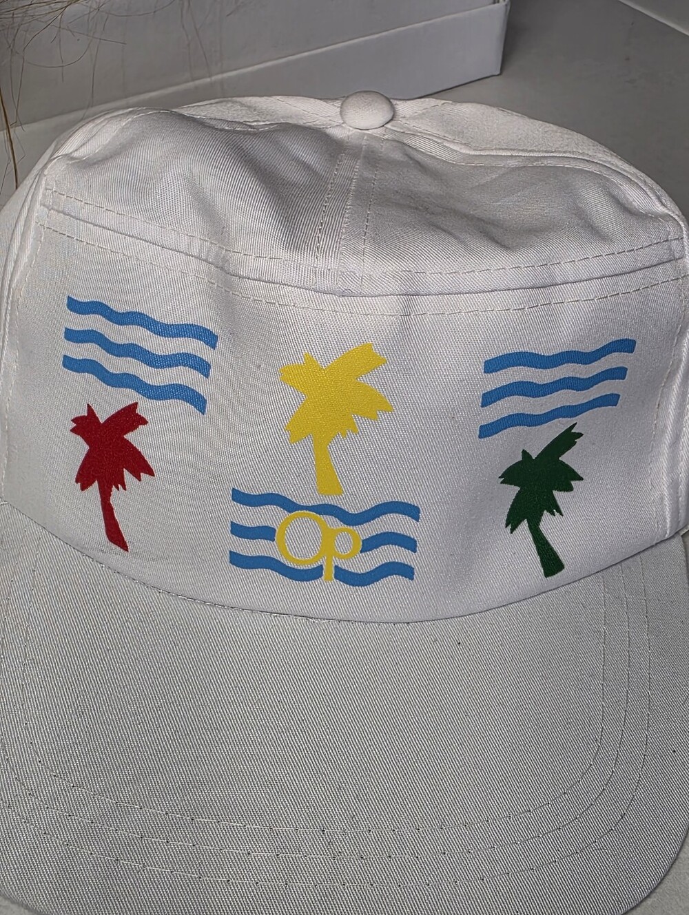 New Vintage Ocean Pacific Hat Waves & Palm Trees White Velcro Back Baseball Hat - Picture 6 of 8